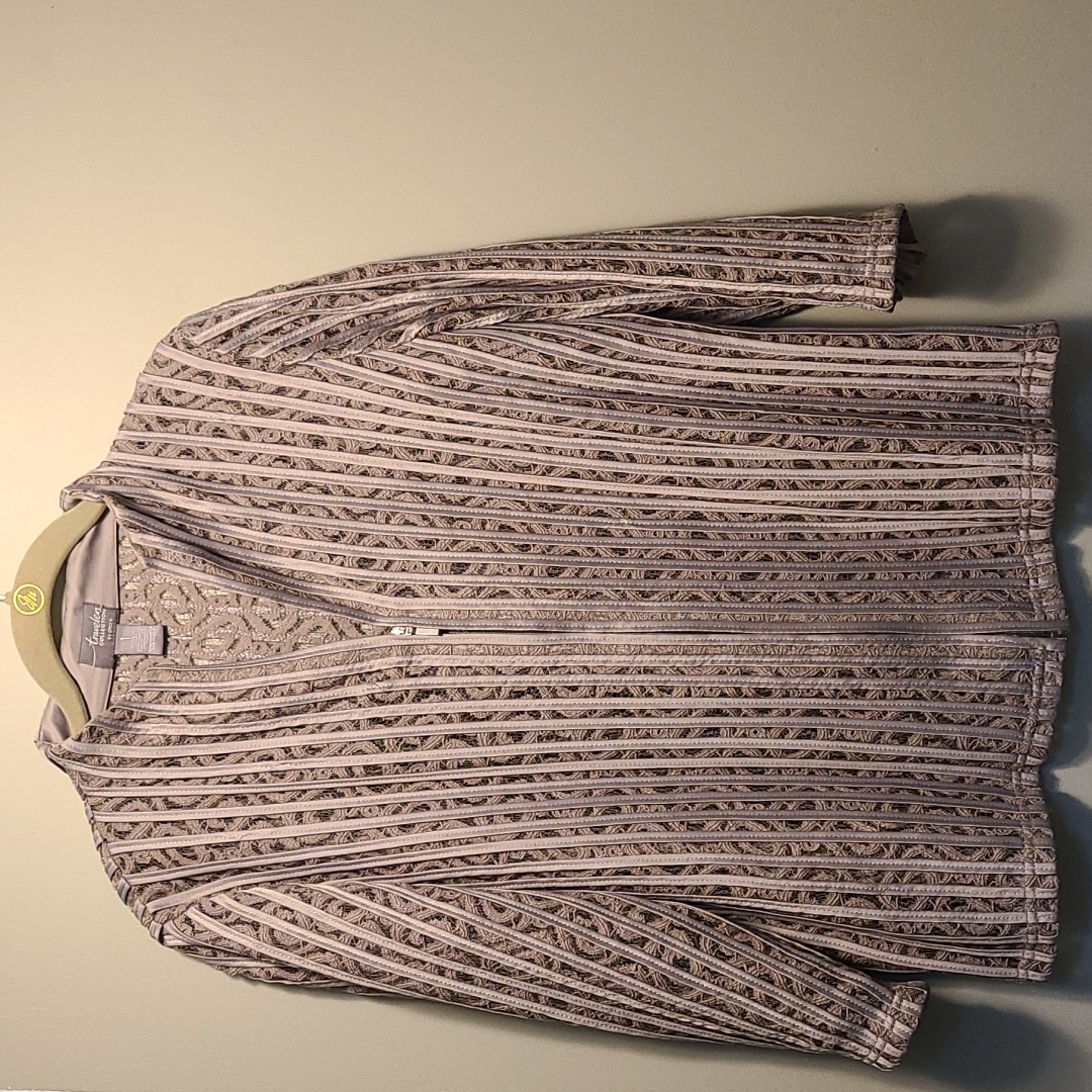 Lace/Satin Accent Jacket. Chico's Travelers Line Taupe 3/4-Sleeve, Sz 1.